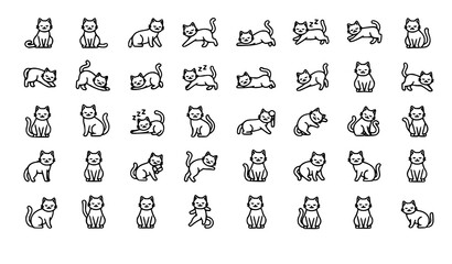 Cat line icon set 30 poses feline behavior outline vector isolated on white background © Sifat
