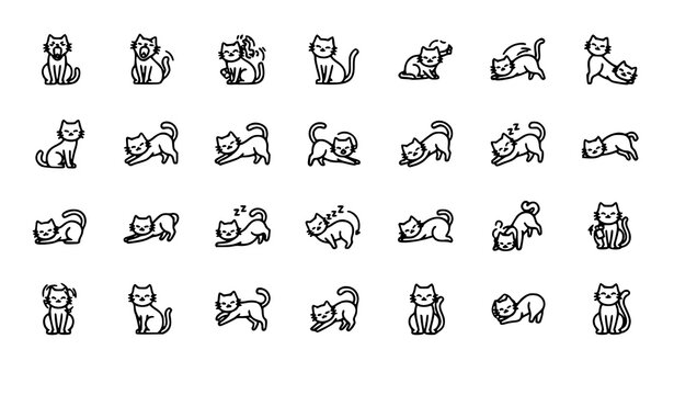Cat behavior icon collection 30 poses mixed stroke outline vector isolated on white