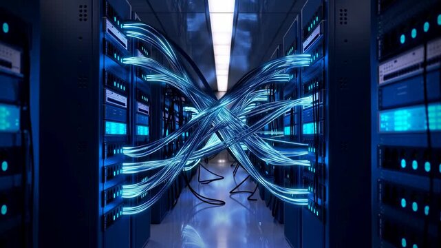 High-tech data center with illuminated server racks and tangled cables. Represents the complexity and connectivity of modern digital infrastructure