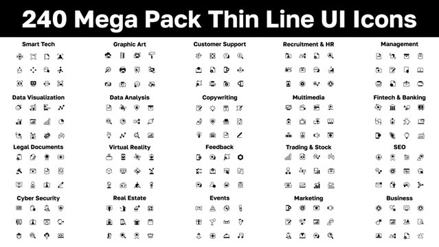240 thin line UI icon set for business, tech and marketing categories