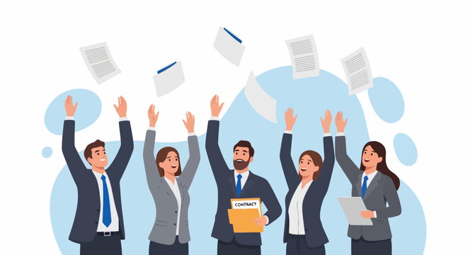 Diverse group of professionals celebrating success by throwing papers in the air.