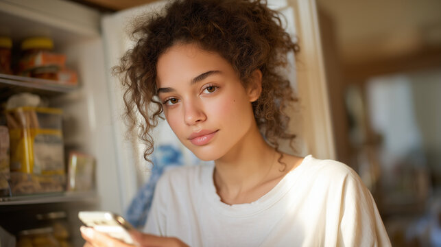 Young woman arranging dollar store groceries in bare refrigerator, comparing receipt total to phone calculator, candid kitchen moment, inflation grocery budget, food insecurity edge, paycheck to pay