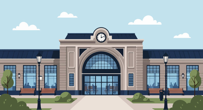 Grand Train Station Building Facade with Clock.