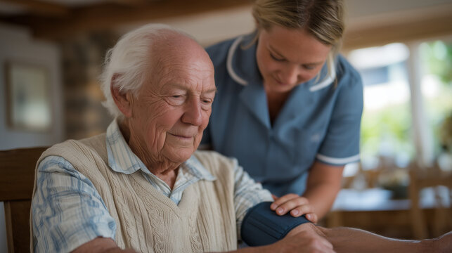 Remote patient monitoring sensor being calibrated by home health aide on elderly man at kitchen table, morning light, RPM device setup senior home health aide chronic disease telehealth rural access
