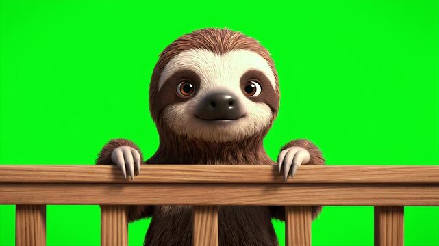 Adorable Animated Three Toed Sloth with Brown Fur and Dark Eyes Peeking Over a Wooden Rail Against a Vibrant Green Screen