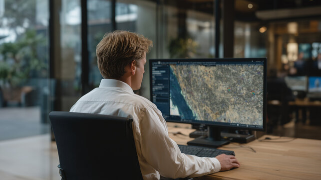 Climate AI flood prediction platform displaying real-time satellite imagery overlay with probabilistic inundation zones, emergency management coordinator on phone in glass-walled situation room, dis