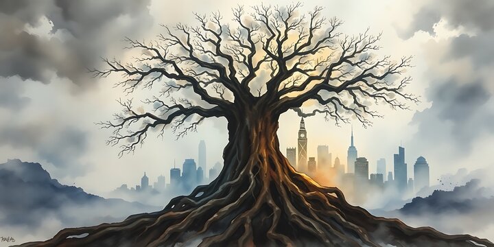 A powerful and somber digital illustration of a massive, leafless ancient tree with a complex, sprawling root system.