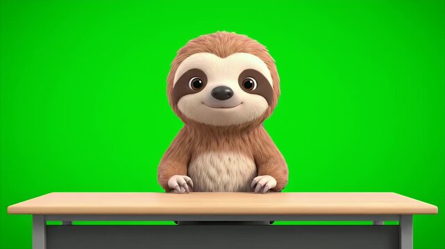 Adorable Cartoon Three Toed Sloth Character Sitting Behind a Wooden Desk with Arms Raised in Excitement on a Vibrant Green Screen