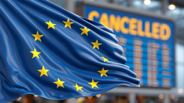 A close-up of a waving European Union flag in the foreground with an airport split-flap departure board showing "CANCELLED" in yellow letters clearly visible in the background &mdash; symbolizing widespread
