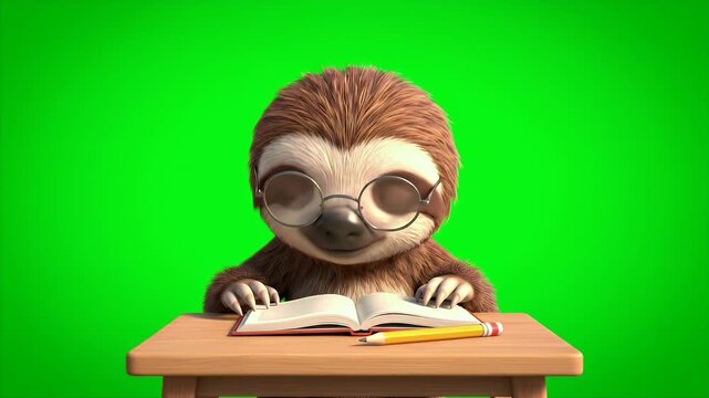Charming 3D Animated Cartoon Sloth Character Wearing Glasses Sits at a Wooden Desk with an Open Book and Pencil on a Vibrant