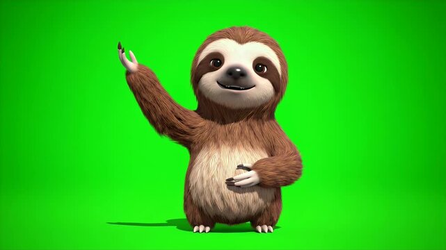 Charming 3D animated cartoon sloth character with soft brown fur and friendly eyes waving hello on a vibrant green screen