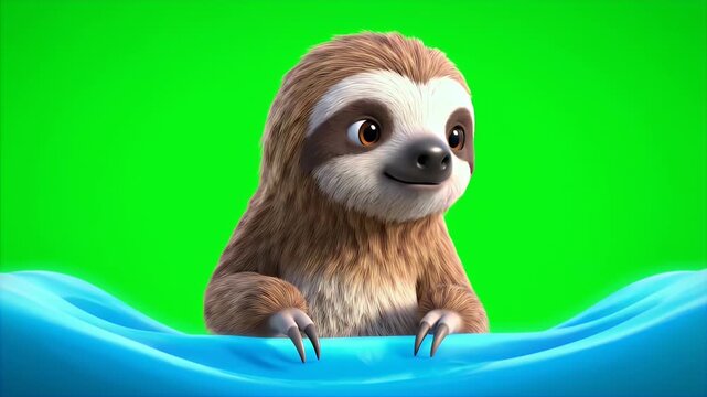 Charming 3D animated sloth character emerges from vibrant blue water against a solid green screen background presenting a