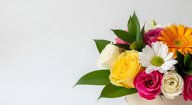 Mixed flowers in hat box with vibrant colors on a plain background  