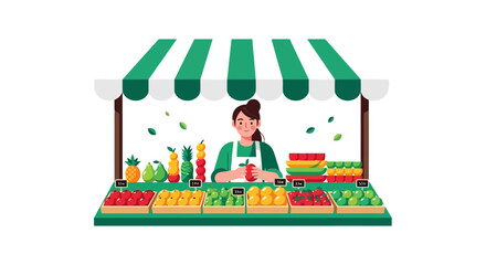 Naklejka premium Female Vendor Selling Fresh Fruits and Vegetables at a Market Stall.
