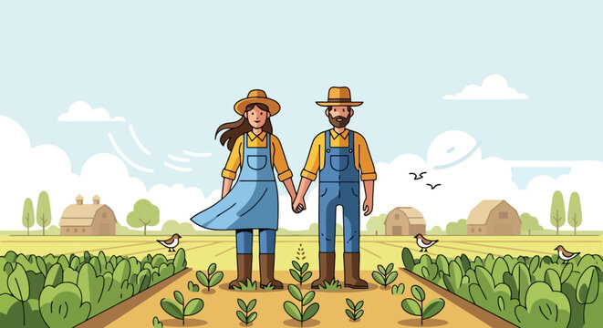 A happy farming couple holding hands in their field, showcasing their dedication to agriculture and a sustainable lifestyle.