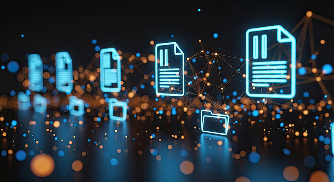 Glowing blue digital document and folder icons in a futuristic abstract network environment symbolizing data cloud storage and digital communication.