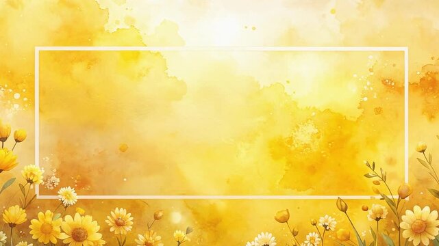 Golden summer flower field background with warm sunlight and blank frame area watercolor painting illustration
