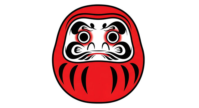 Red Daruma doll with black outline and stylized facial features, traditional Japanese good luck symbol, isolated on white