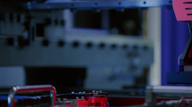 Close up macro: Electronic printed circuit board, surface mounted technology connecting microchips, semiconductors, capacitors to motherboard. Manufacture processors, microcircuits components