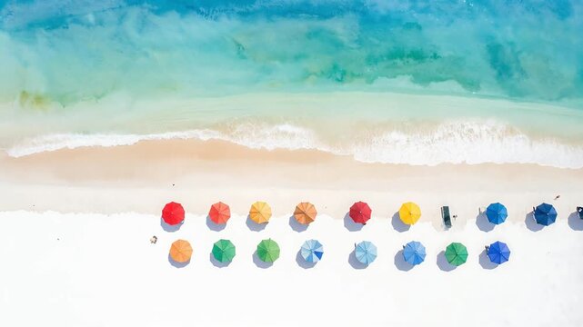 Colorful beach umbrellas arranged along bright sandy shore beside calm sea watercolor painting illustration