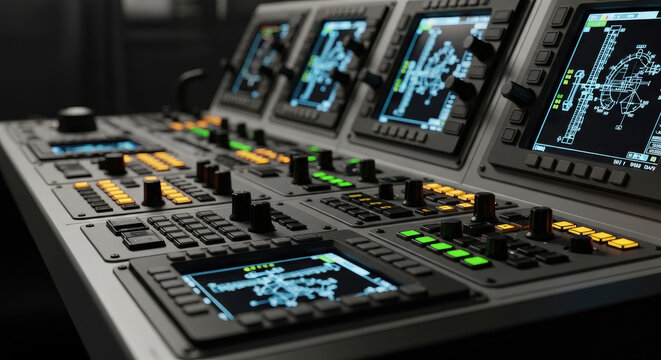 Futuristic control panel with multiple glowing digital screens displaying complex schematics and an array of illuminated buttons and knobs in a dark setting