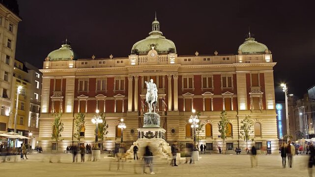 Trg Republike / Republic Square in Belgrade, Serbia, 4K Night Time Lapse Video