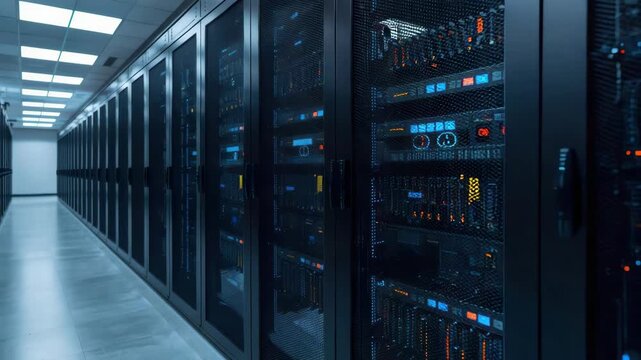Server rack data aisle equipment hardware corridor with blue LED lighting high tech efficiency