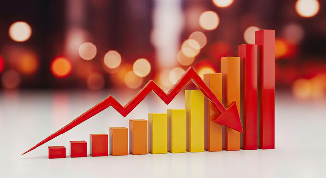 3D rendered bar chart with a red line graph showing initial growth and a sharp financial decline symbolizing economic crisis