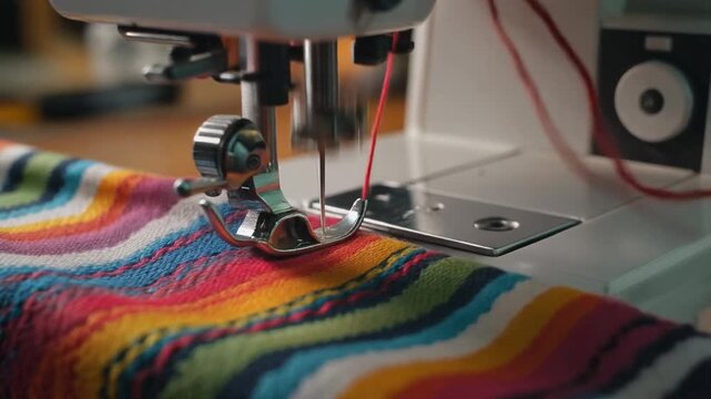 Close-up of sewing machine needle stitching colorful striped fabric, crafting detail