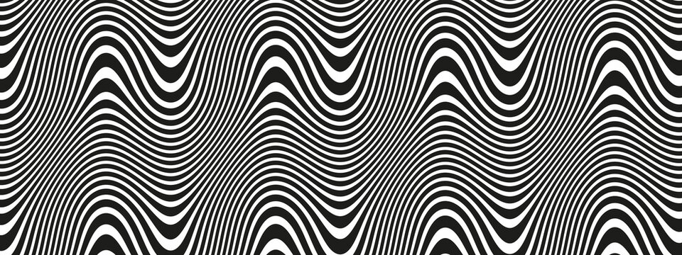 Abstract seamless black and white wavy stripes pattern creating optical illusion of depth and movement across the entire frame transparent background