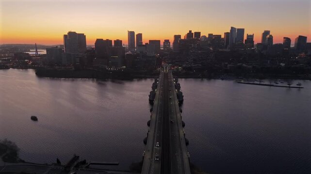 Boston skyline sunrise with Longfellow Bridge aerial