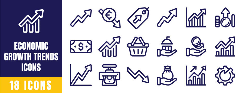 Economic Growth Trends Icons Set &ndash; Rising Market, Investment, Revenue, Profit, Upward Chart Outline Vector