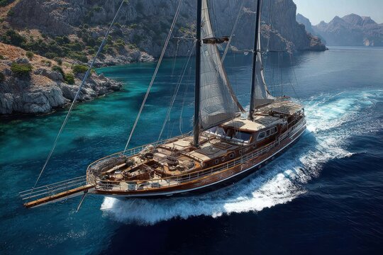 Luxury wooden gulet sailing in turquoise Mediterranean waters