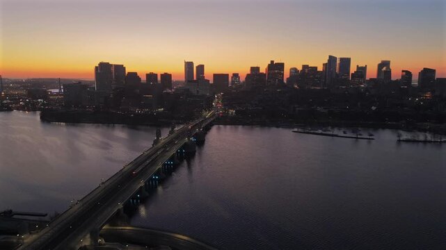 Boston skyline sunrise with Longfellow Bridge aerial