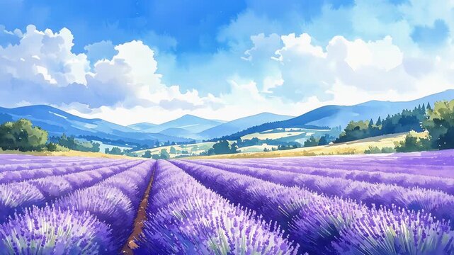 Vast blooming lavender fields leading toward distant mountains beneath blue sky watercolor painting illustration