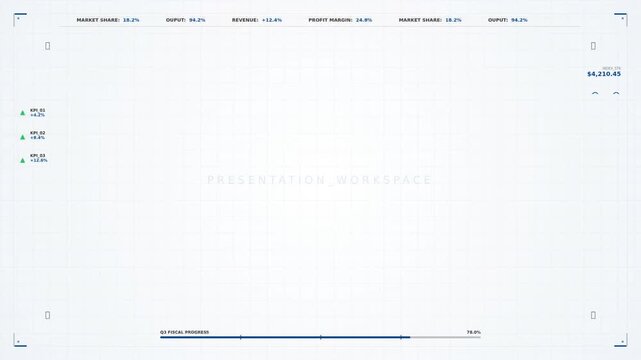 A blank presentation workspace featuring a grid layout, chart indicators, and financial analytics visuals