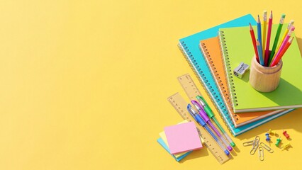 Fototapeta premium Colorful school supplies on yellow background. Notebooks pencils rulers and stationery arranged in flat lay. Back to school essentials for education and learning concept
