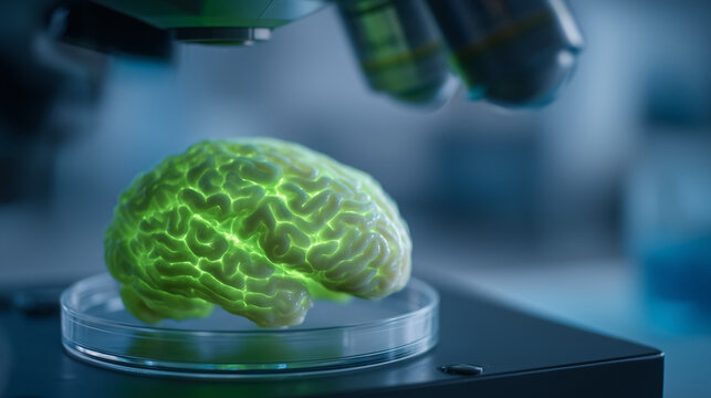 Brain organoid culture dish bathed in green fluorescent protein glow on confocal stage, over the shoulder view of researcher capturing z stack image, neural tissue model Alzheimer disease model 3D b