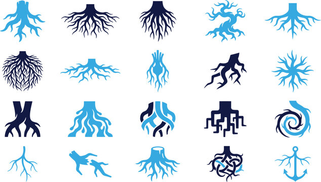 Diverse collection of tree root systems and natural organic patterns in abstract artistic styles.