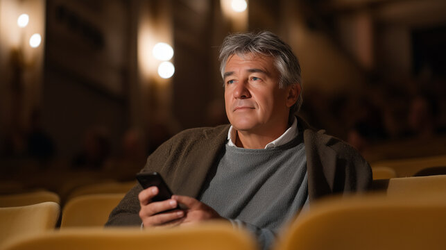 Single father sits in bleachers alone at his daughter's ballet recital, phone up recording, seat empty beside him, expression unguarded with pride and longing, solo parenting milestone, emotional fa