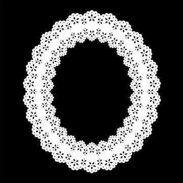 Vintage eyelet lace doily oval picture frame, white on black. Decorative scallop border and stencil with copy space for pictures, albums, scrapbooks, holidays.