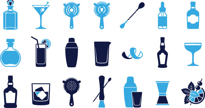 Collection of bar tools and cocktail glasses in blue and white colors on white background vector illustration.
