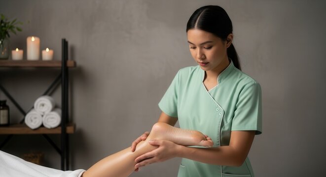 Therapist massages foot with gentle care in spa