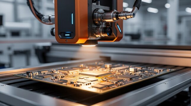 Automated machine inspecting circuit board in high tech factory