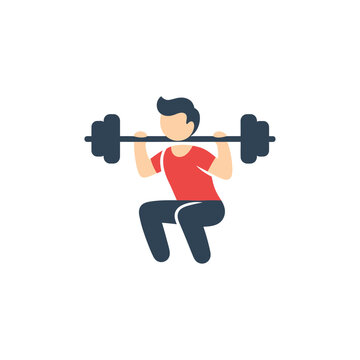 Man doing barbell squat exercise, fitness and weightlifting icon