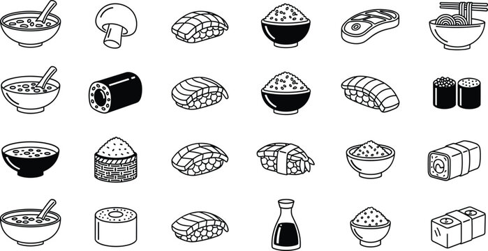 Japanese Cuisine Food Icon Set Featuring Sushi Rolls, Miso Soup Bowls, Nigiri, Rice Dishes, Soy Sauce, and Ramen Noodles for Restaurant Menus and Digital Culinary Designs