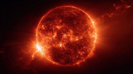 Fototapeta premium 燃え盛る太陽の表面が詳細に写っている画像。宇宙や天文学関連の資料や解説に適した素材