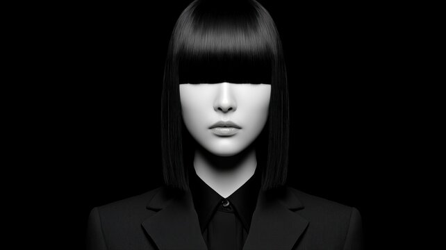 黒髪の前髪で目が隠れた女性のポートレート。ミステリアスな雰囲気のビジネスやファッション関連の素材