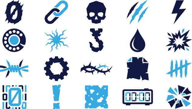 Assortment of edgy icons featuring broken numbers chains skulls lightning and digital readouts blue tones.