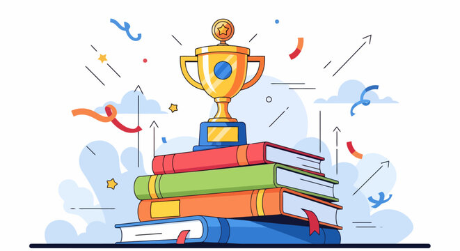 Golden Trophy Resting on Stack of Books Symbolizing Academic Achievement.